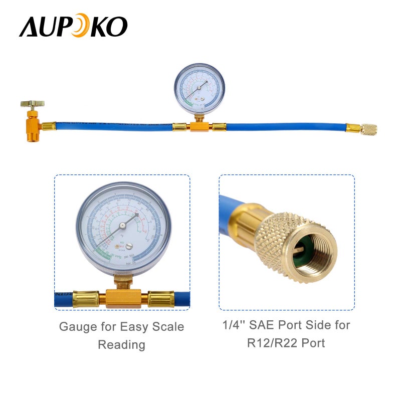 Aupoko R134A AC Refrigerant Recharge Hose, with 70 mm Gauge and 1/2" Female Freon Can Tap for R12 R22 Port, for Auto or Air Conditioner and Refrigerator Refrigerant System - Image 2
